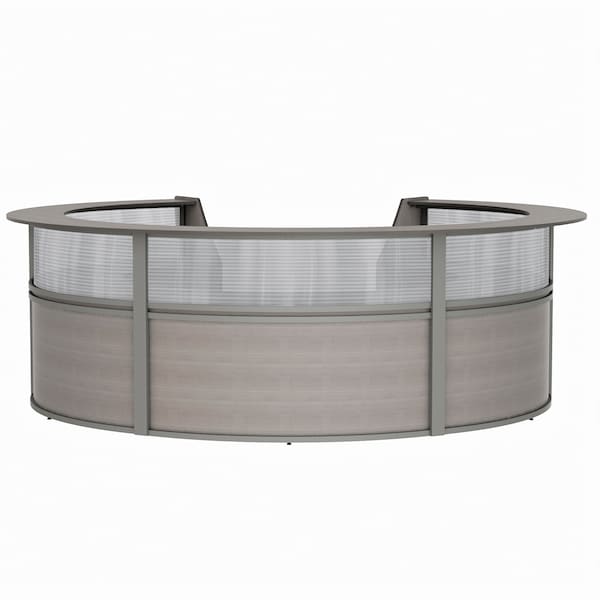 Reception Desk 11.1 ft D X 46 in H, 11.8 ft W X Thermofused Laminate, Clear, Ash